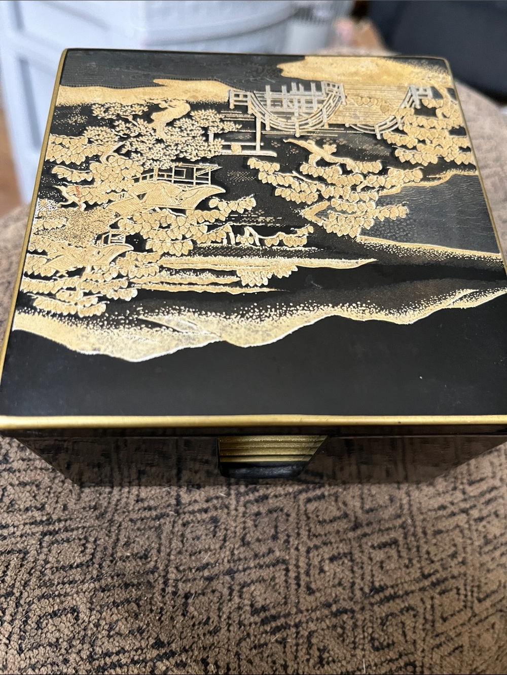 Otagari Black and Gold Japanese Lacquered Decorative Box with 6 coasters
